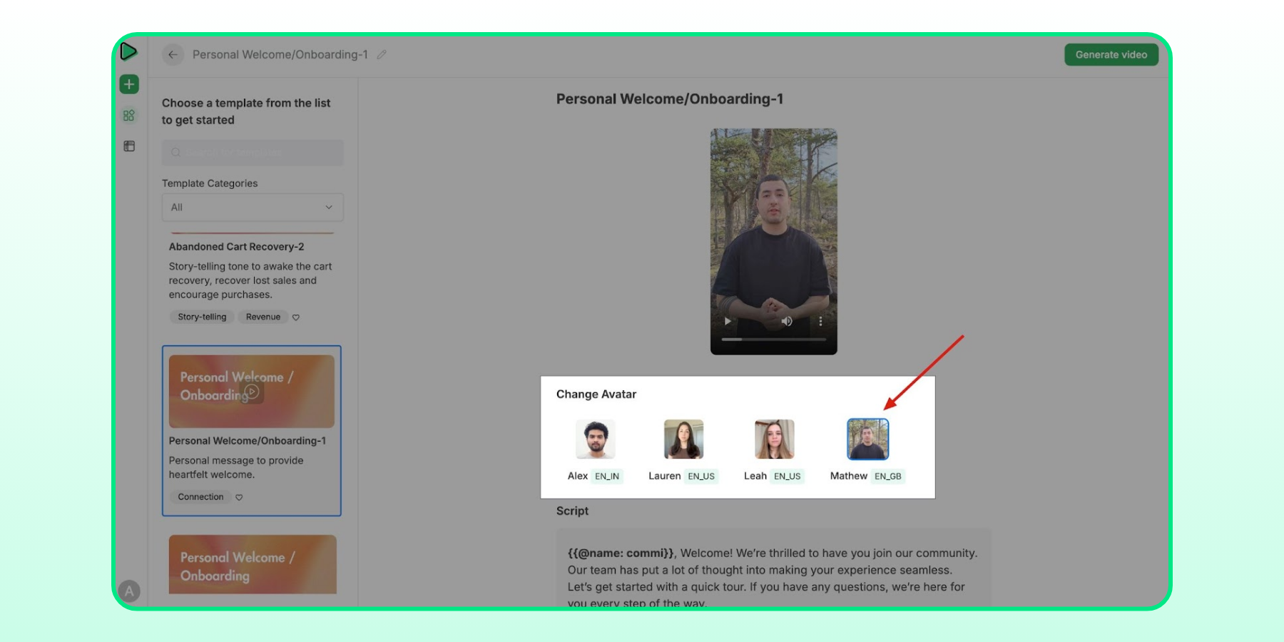 Screenshot of Commi.ai where a user is selecting the avatar