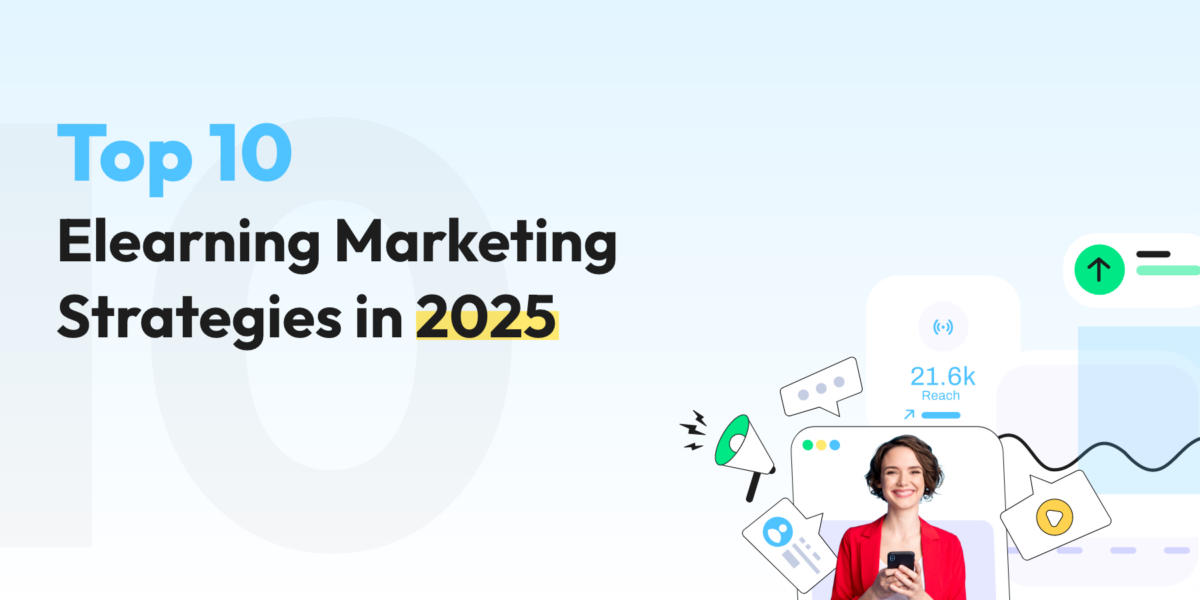 Banner reading "Top 10 Elearning Marketing Strategies in 2025" with marketing icons and a smiling woman holding a phone.