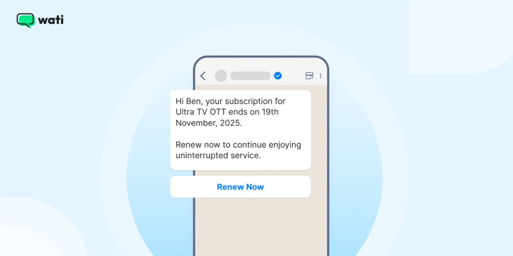 A WhatsApp Business notification template reminding customers about an upcoming subscription renewal for their TV or streaming service, with a link to renew or manage their plan.