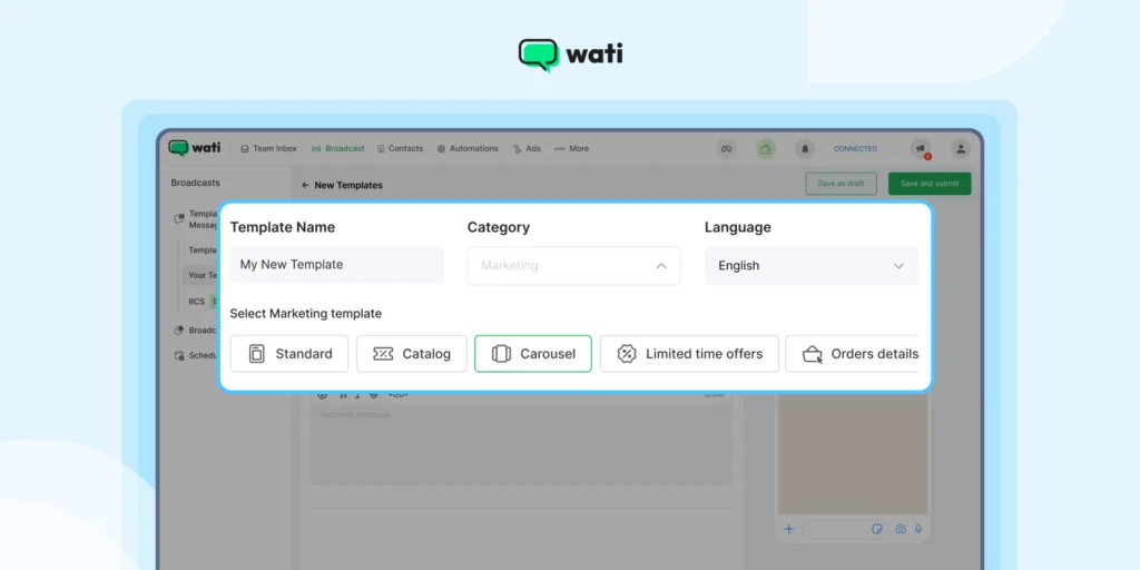A close-up screenshot of Wati’s message template creation screen showing the dropdown menus for naming, categorizing, and selecting the preferred language for a new WhatsApp Business template.