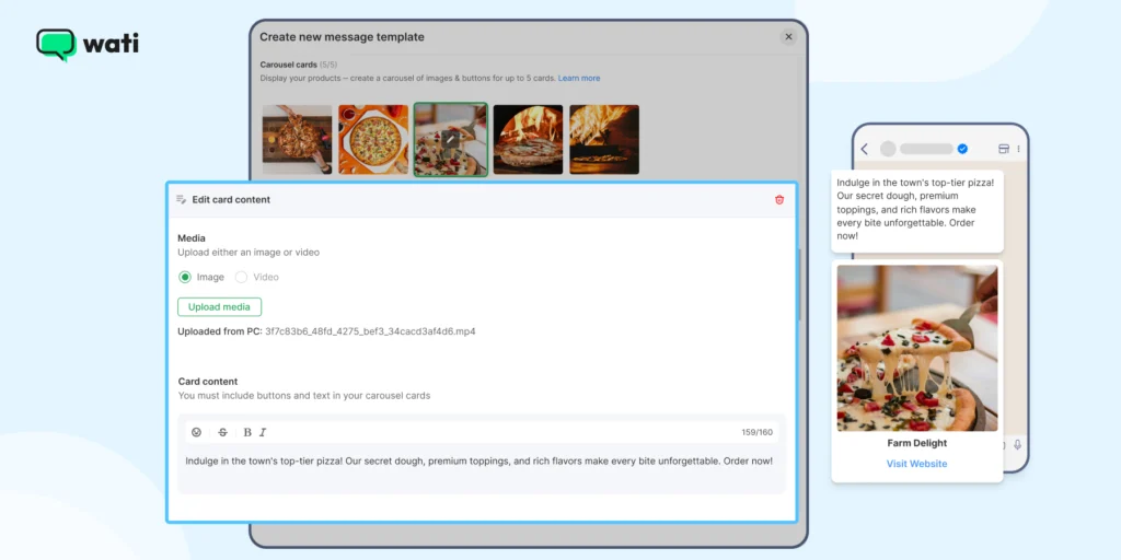 A demonstration of how users can enhance WhatsApp Business message templates on Wati by uploading images or videos to make marketing messages more engaging and visual.