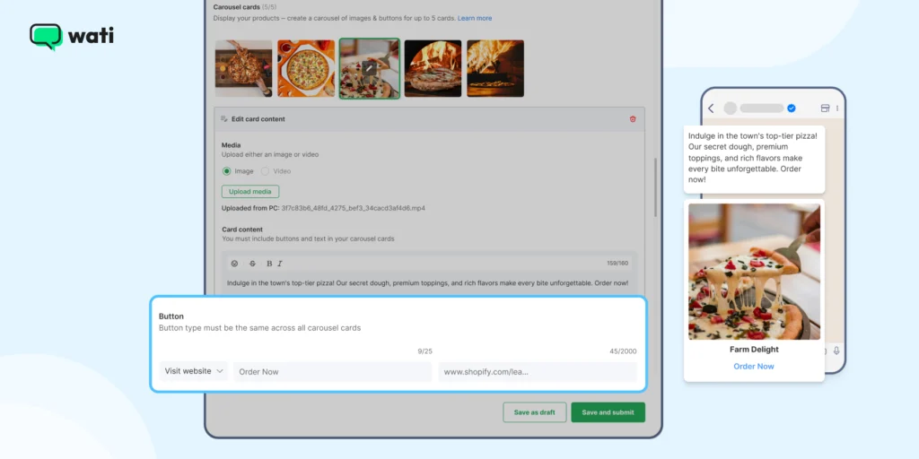 A preview of Wati’s template editor showcasing how businesses can add interactive CTA buttons to WhatsApp Business templates for higher engagement.