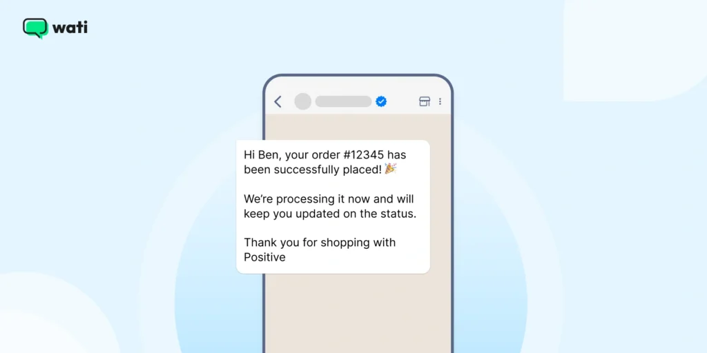 A ready-to-use WhatsApp Business message template showing an example of an order confirmation that businesses can copy, edit, and send to customers after a purchase is completed.