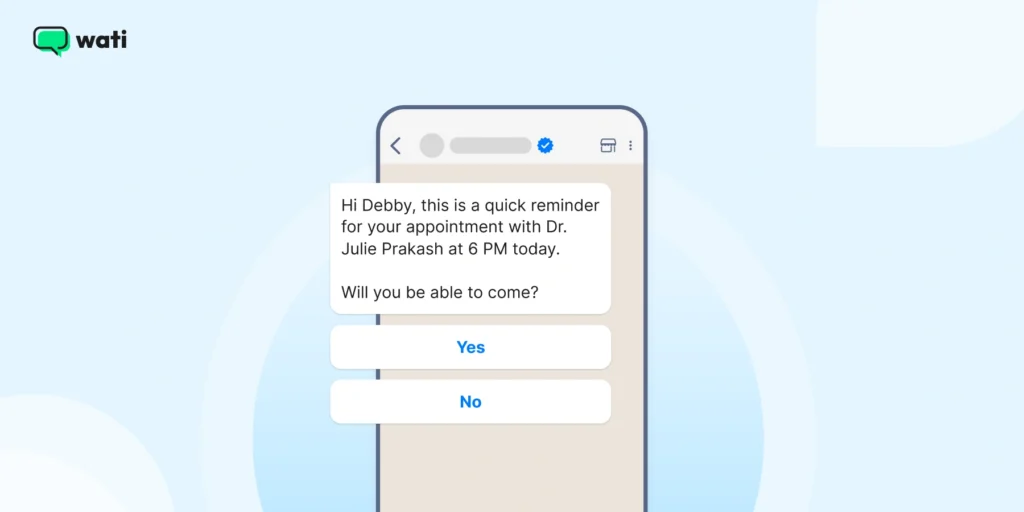 A sample WhatsApp Business message template that reminds customers of an upcoming health appointment, including details like date and time to reduce no-shows.