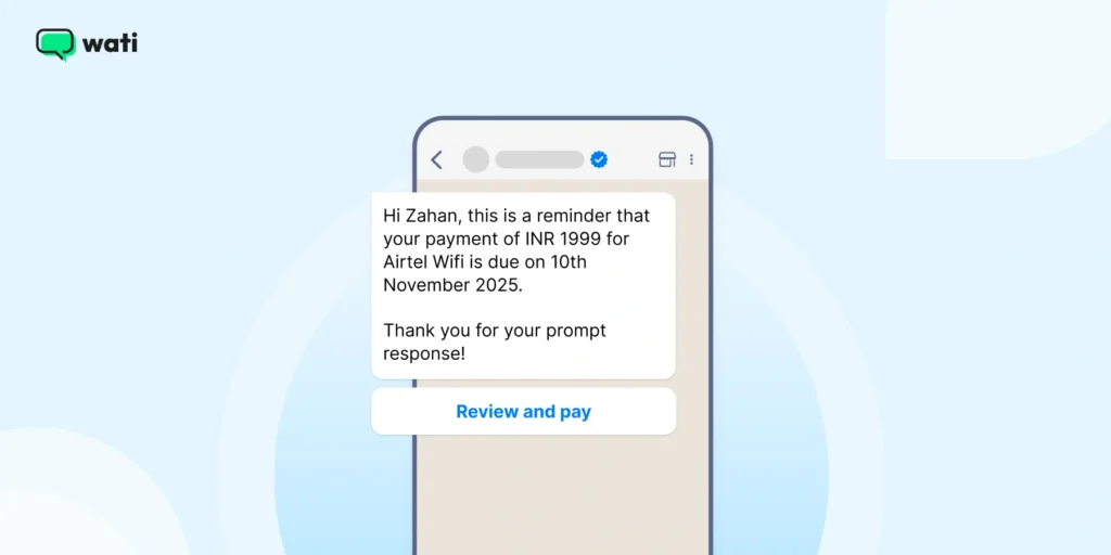 A sample WhatsApp Business message template that reminds customers of an upcoming payment for Airtel Wifi 
