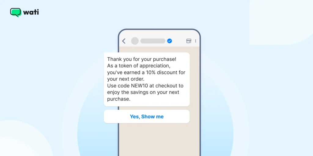 An example WhatsApp marketing message offering a special discount or limited-time promotion to engage customers and encourage repeat purchases.