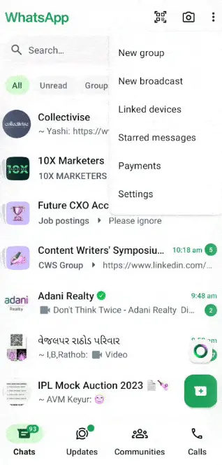 Android WhatsApp menu with Linked Devices option to scan WhatsApp Web QR code