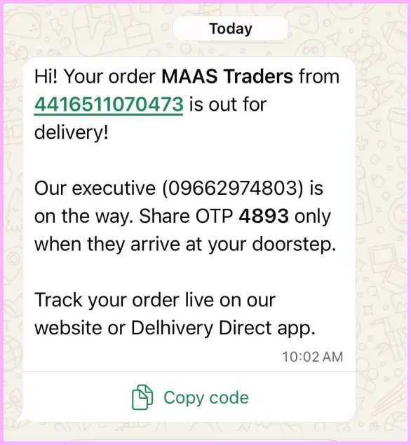 WhatsApp delivery reminder showing order details, OTP, and tracking link shared with a customer.