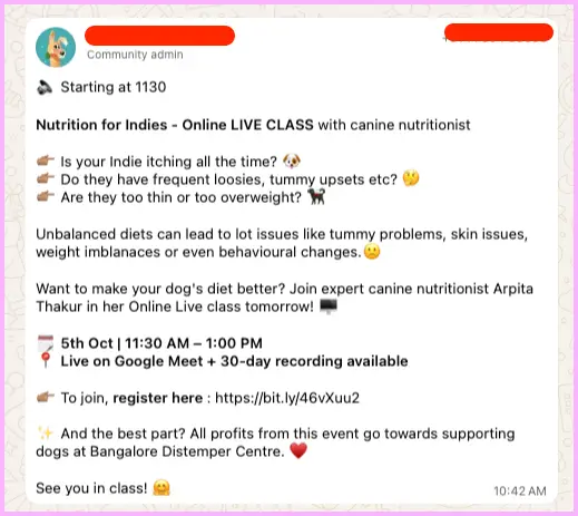 Community announcement about an online live class for dog owners with event time, link, and registration details.