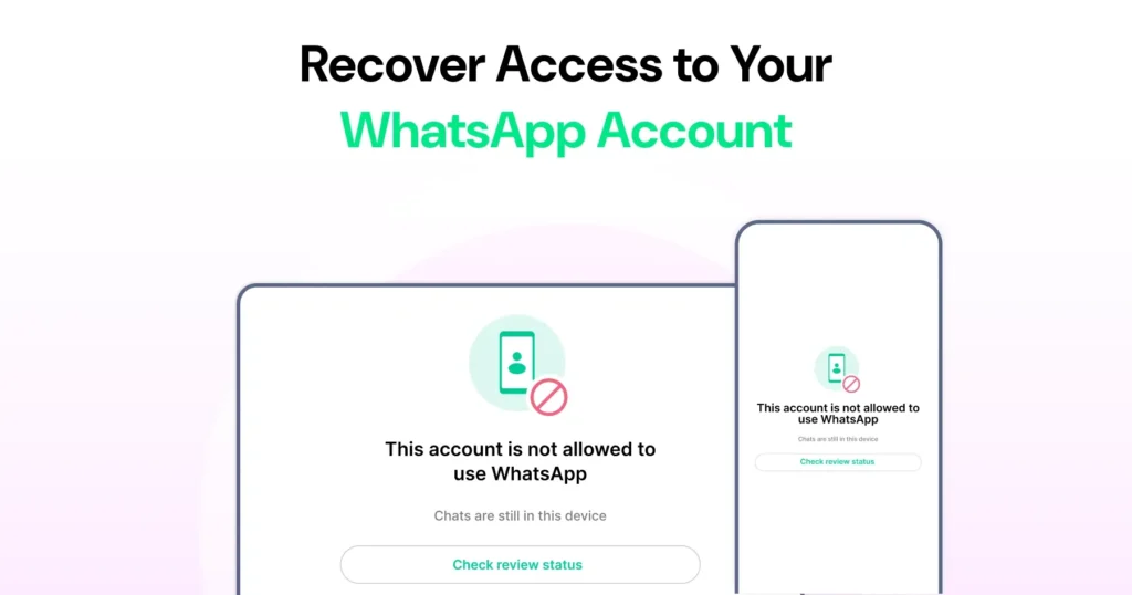 Recover access to your WhatsApp account screen showing blocked account message and review status option