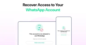 Recover access to your WhatsApp account screen showing blocked account message and review status option