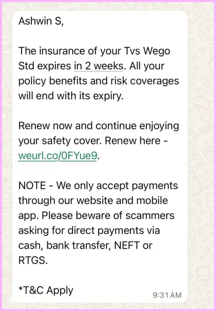 Insurance renewal reminder message sent to a customer with expiry notice and payment instructions.