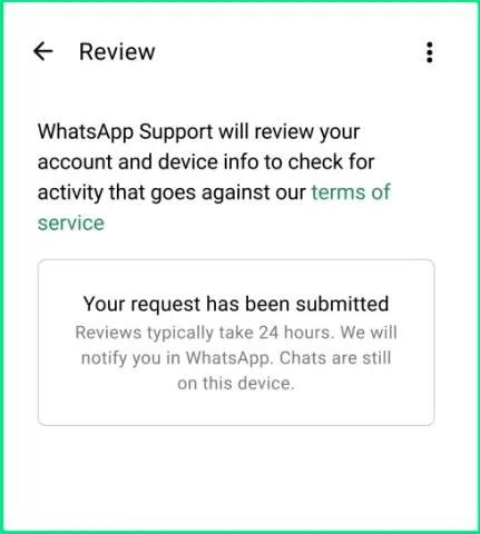 WhatsApp confirmation screen showing review request submitted for blocked account