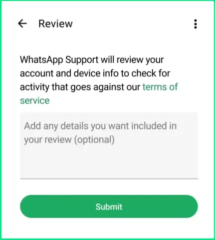 WhatsApp review request screen to submit appeal for banned account.