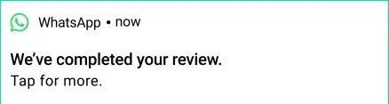 WhatsApp notification confirming account review completed after appeal