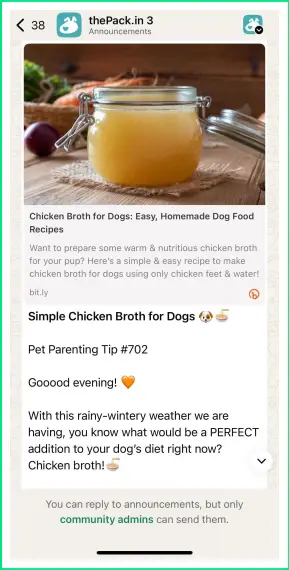 WhatsApp group announcement message example showing community admin controls