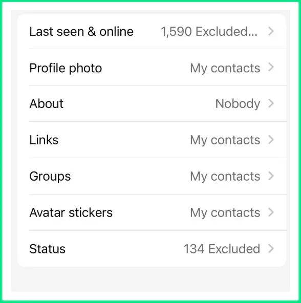 WhatsApp privacy settings screen showing last seen, profile photo, and status visibility options