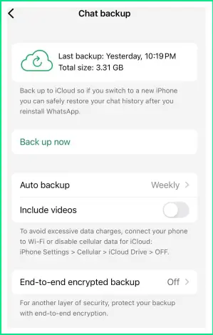 WhatsApp chat backup screen on iPhone showing iCloud backup options for restoring chats