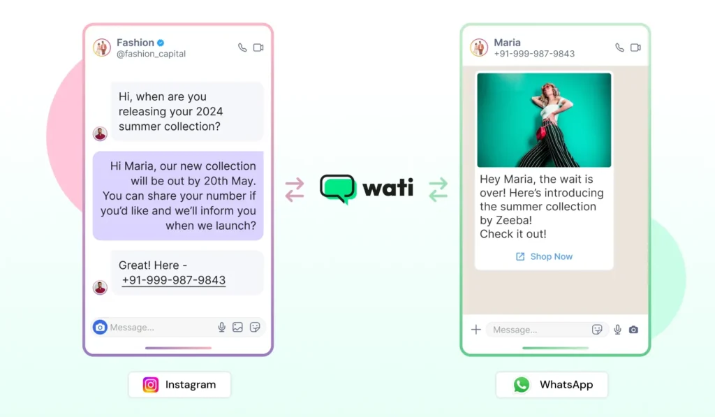 A side by side view of an Instagram chat where a customer asks about a new collection and a WhatsApp message where the brand sends a product image and update after getting the customer’s number.