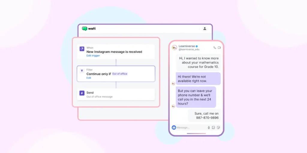 A workflow screen showing an Instagram message trigger, an out of office filter, and an automated reply next to a phone chat where a user leaves their number for a callback.