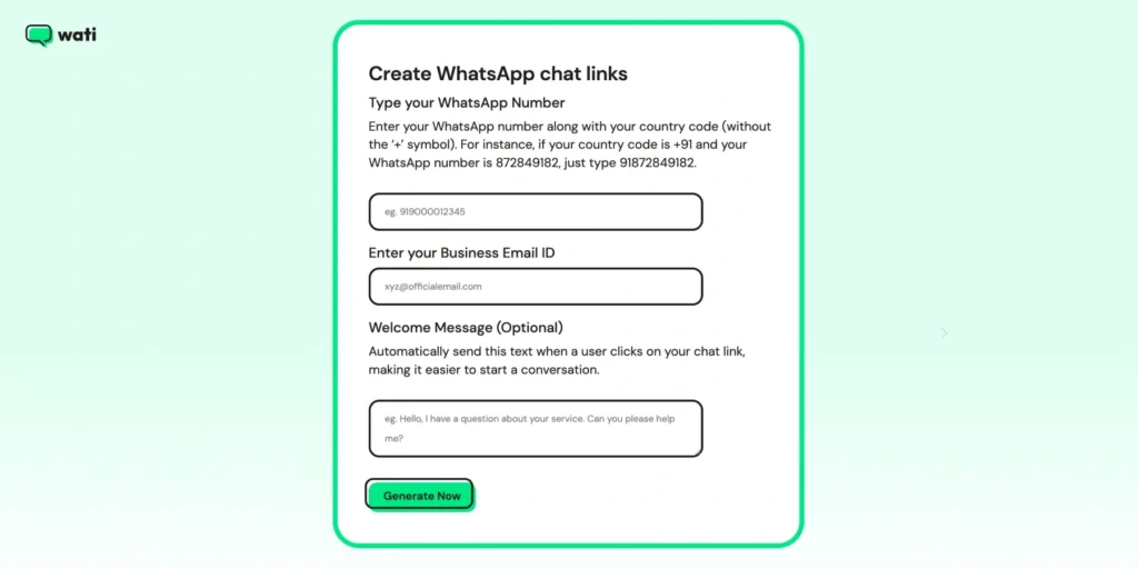 Create whatsApp chat links via a link generator from Wati