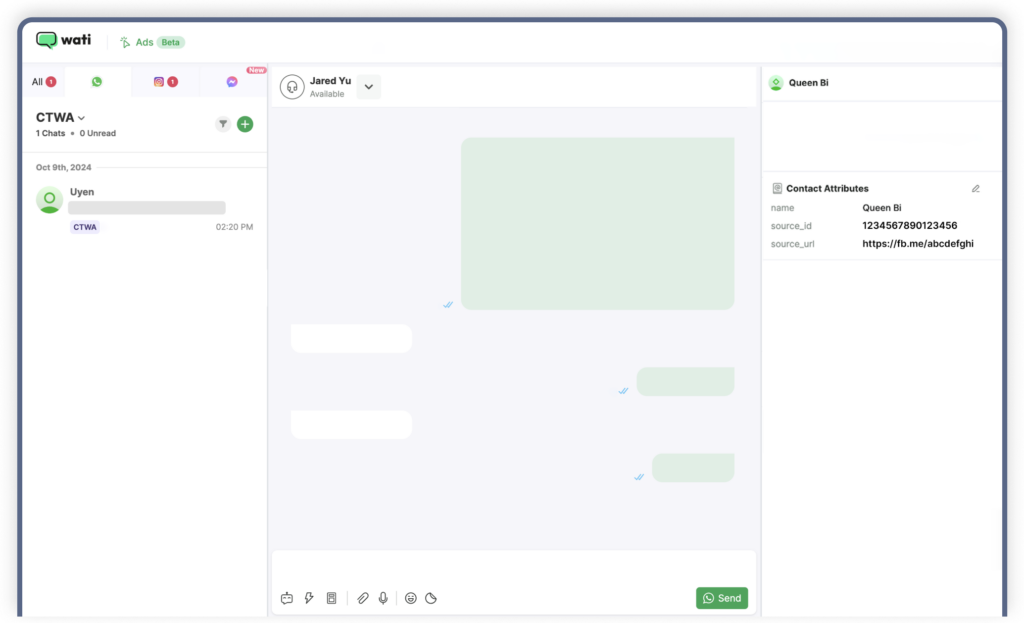 Wati's chat interface displaying a Click-to-WhatsApp Ad (CTWA) conversation, with customer details and message history.