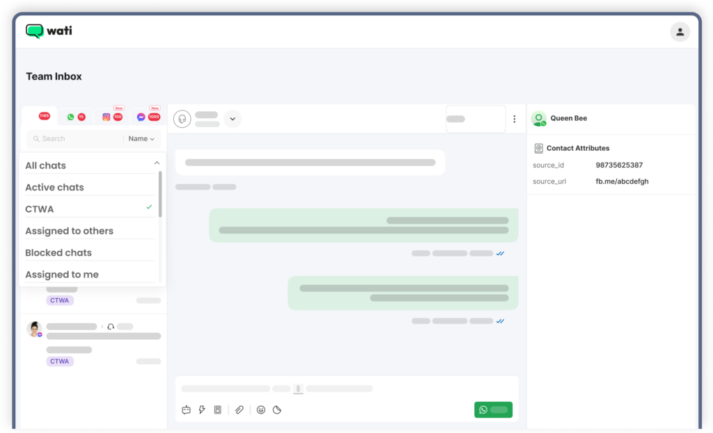 Wati's Team Inbox displaying Click-to-WhatsApp Ad (CTWA) conversations, chat filters, and customer details.