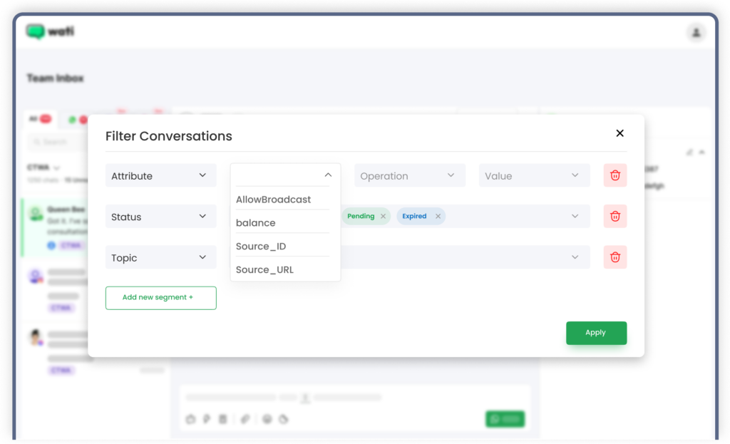 Wati's Team Inbox showing a "Filter Conversations" popup with options to filter by attributes, status, and topic, including selections like "Pending" and "Expired."