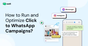 A blog banner graphic with the title “How to Run and Optimize Click to WhatsApp Campaigns” alongside sample ads and messaging previews.