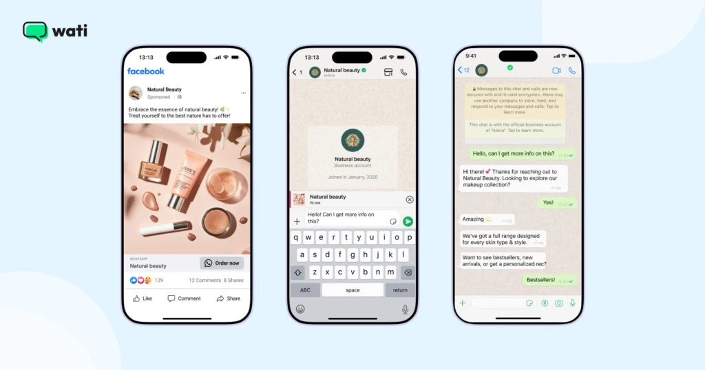A Facebook ad for beauty products leading into a WhatsApp chat where the customer asks for more information and receives product recommendations.