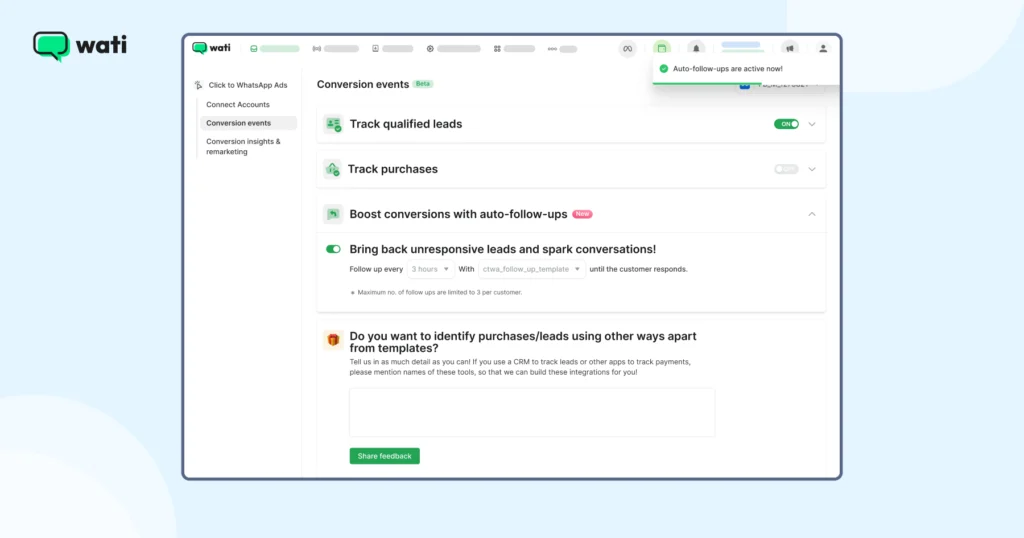 A Wati dashboard screen showing options to track qualified leads, track purchases, and enable automated follow-ups.