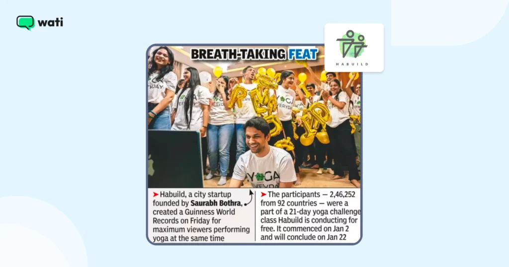 A newspaper clipping showing the Habuild team celebrating a Guinness World Record for hosting the largest online yoga session.