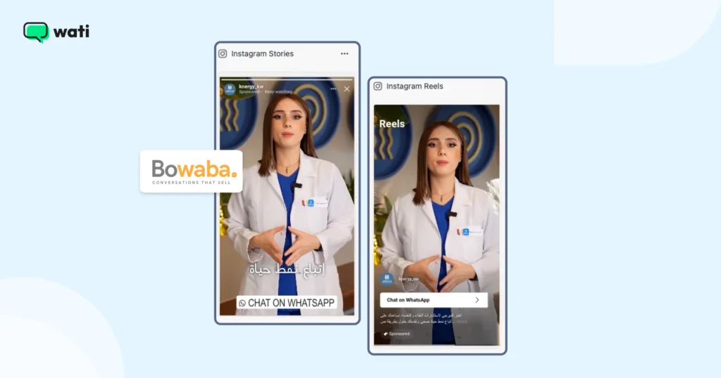 An Instagram Stories and Reels ad showing a woman in a white coat promoting a healthcare brand with a Chat on WhatsApp button.