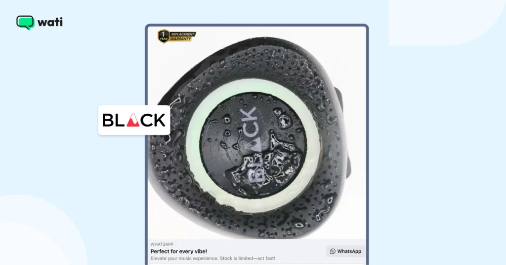 A close-up product ad featuring a water-resistant earbud with the Blacklyf logo and a one-year replacement warranty badge.