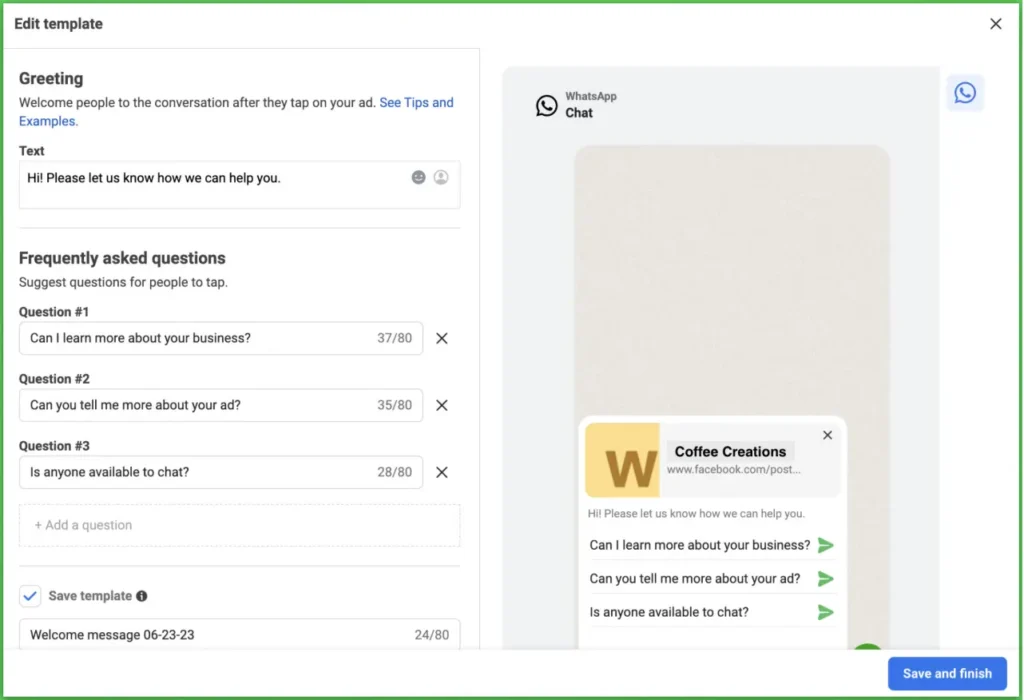 design your ad. put in a greeting message and quick reply prompts.