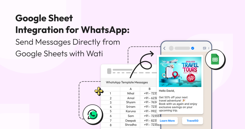 oogle Sheet integration for WhatsApp by Wati – send personalized WhatsApp messages directly from Google Sheets using template-based automation.