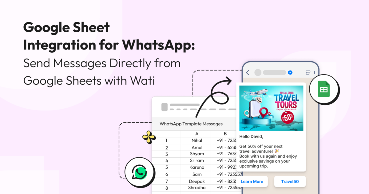 oogle Sheet integration for WhatsApp by Wati – send personalized WhatsApp messages directly from Google Sheets using template-based automation.