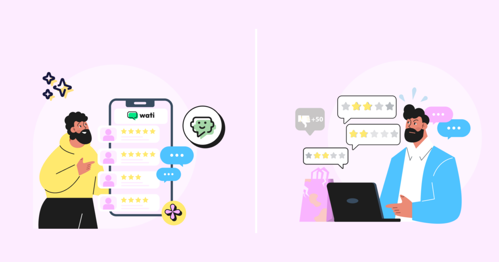 Illustration comparing support agents using Wati's AI Support Agent versus traditional methods. The left side shows a happy agent receiving high ratings with Wati, right side shows a frustrated agent overwhelmed by low ratings and poor feedback.
