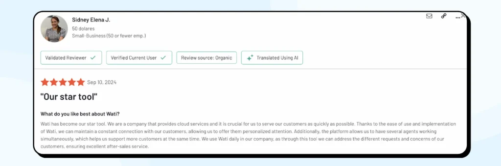 Testimonial for wati praising it for it's customer service