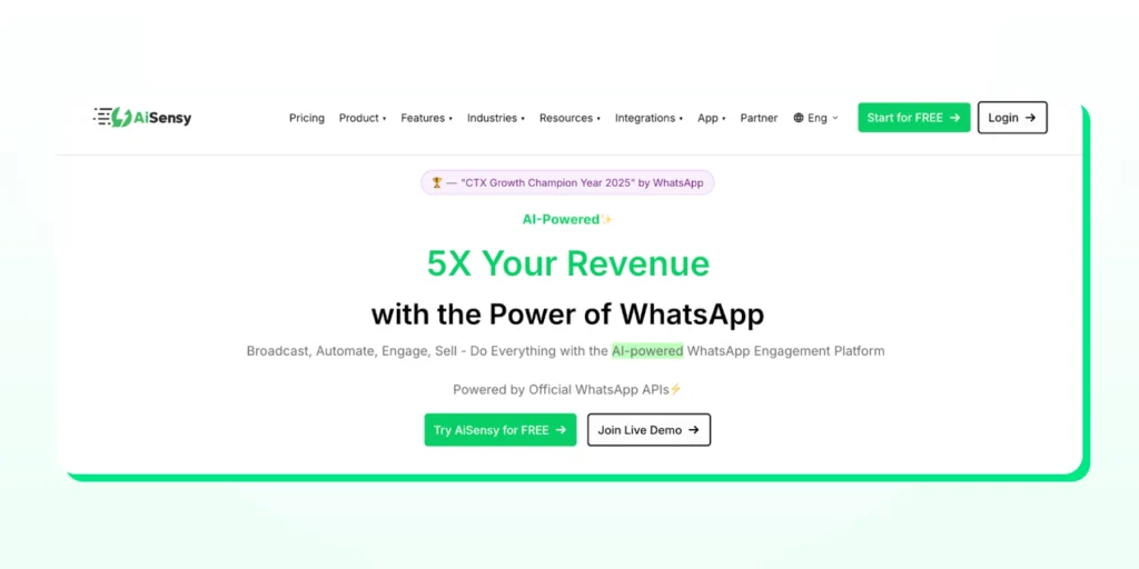 AiSensy homepage featuring tools for WhatsApp marketing, chat automation, and customer engagement.