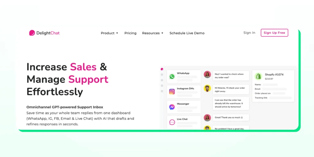 DelightChat homepage displaying its multichannel support inbox for WhatsApp, email, and social platforms, enabling D2C brands to manage support, automate replies, and collaborate with teams in one place.
