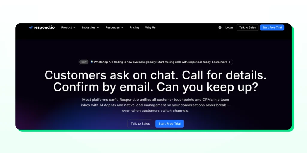 Respond feature page showing its unified dashboard for managing WhatsApp, SMS, email, voice, and social media messages.