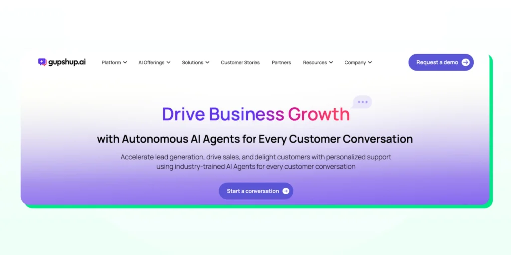 Gupshup homepage featuring its conversational messaging platform for building WhatsApp chatbots, automating customer communication, and scaling business conversations using the WhatsApp Business API.