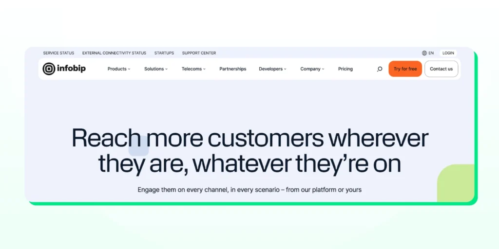 Infobip homepage featuring enterprise-grade messaging and automation tools built around the official WhatsApp Business API.
