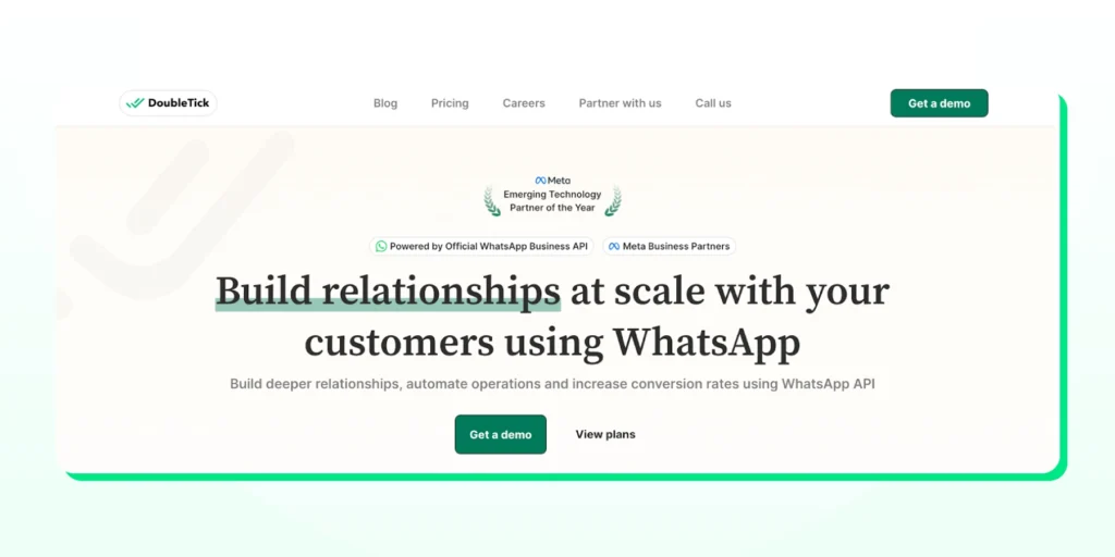 DoubleTick homepage highlighting its WhatsApp CRM and marketing automation solution designed for bulk messaging, team inboxes, campaign analytics, and streamlined customer engagement on WhatsApp.