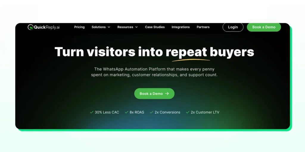 QuickReply homepage showcasing its WhatsApp automation and chatbot platform that helps ecommerce and D2C brands manage conversations, send broadcasts, recover carts, and boost sales through WhatsApp.