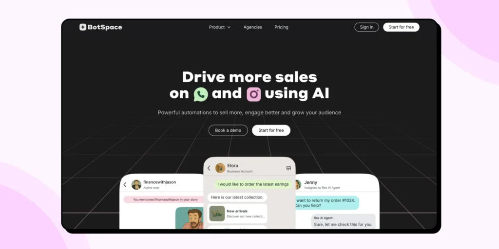 Botspace's homepage with growth options for WhatsApp and AI