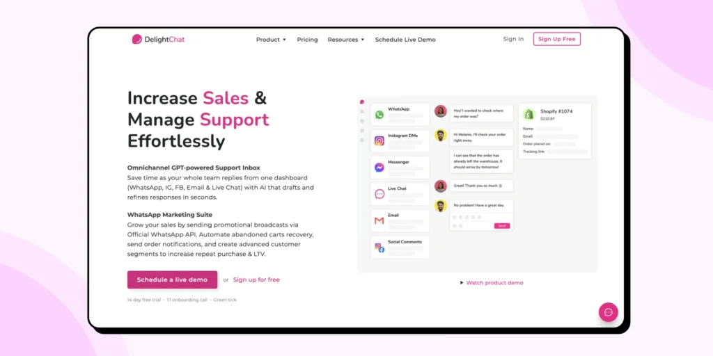 Homepage of DelightChat with a free demo and sign up CTA