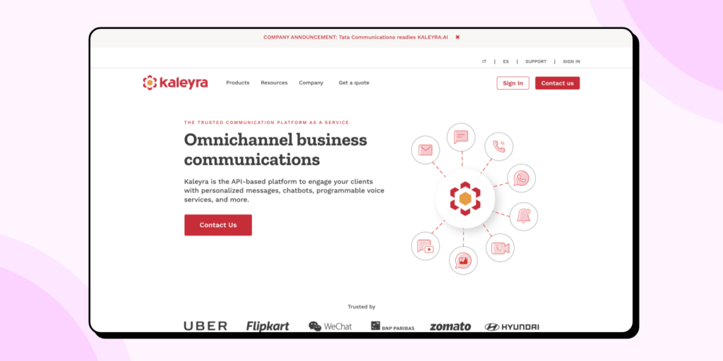 The website homepage of Kaleyra 