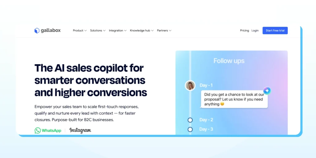 A webpage showing Gallabox’s home screen with a headline introducing its AI sales copilot and a preview of automated follow-up messages.